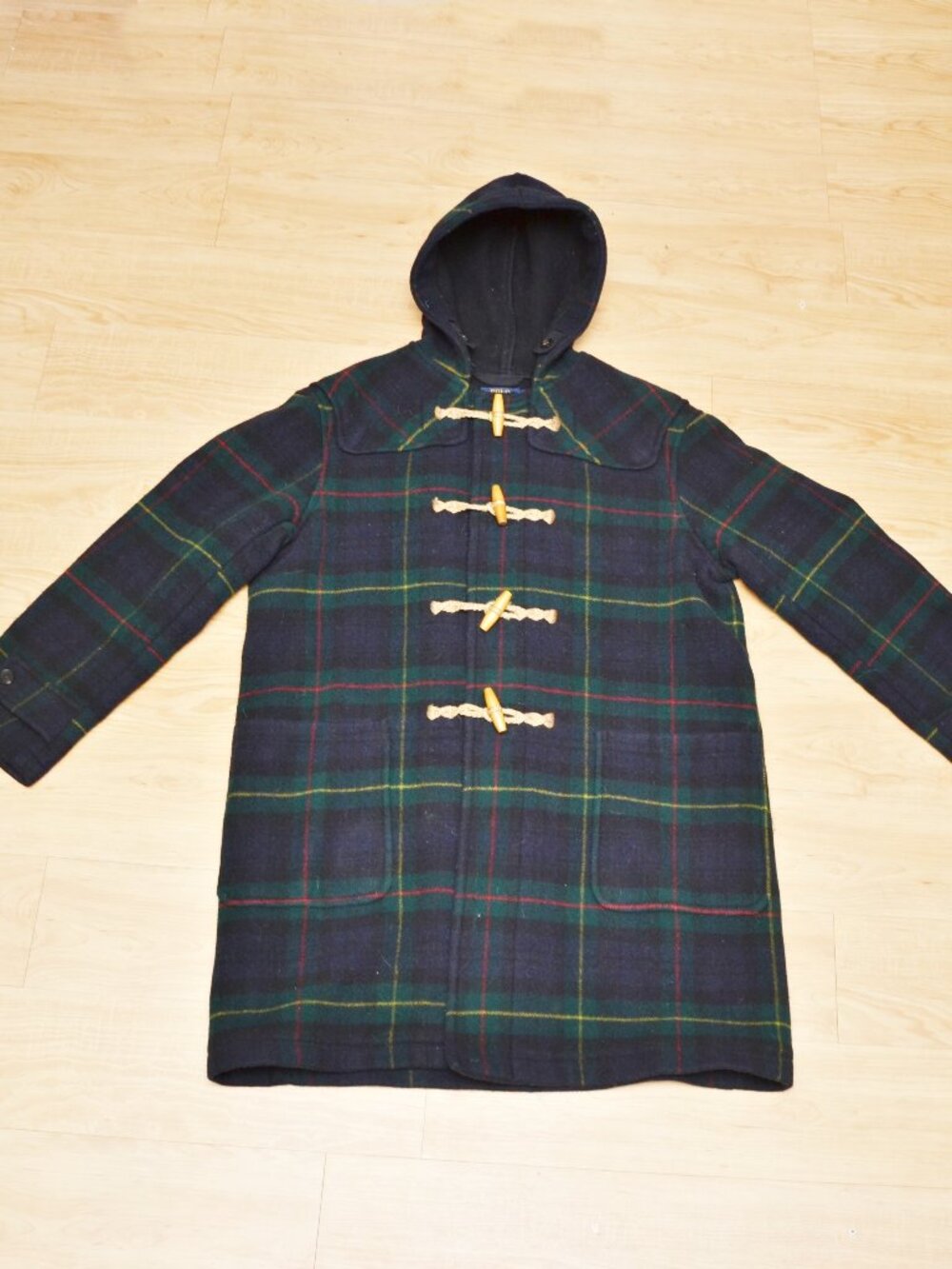 VTG Polo Ralph Lauren Tartan Plaid 100% Wool Hooded Coat Mens XL